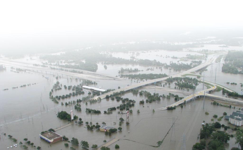 Aerial view of urban flooding in Humble, Texas following Hurricane Harvey